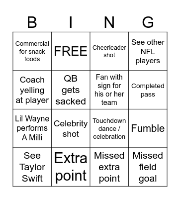Super Bowl Bingo (Kids) Bingo Card