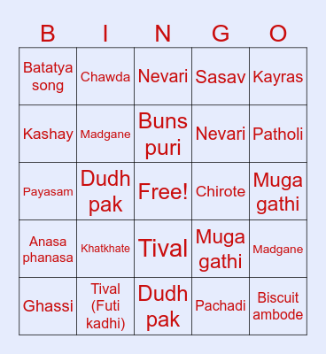 KONKANI CUISINE BINGO! Bingo Card