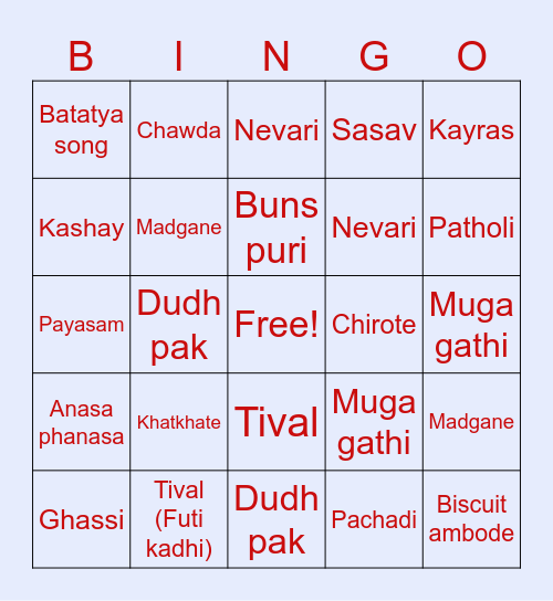 KONKANI CUISINE BINGO! Bingo Card