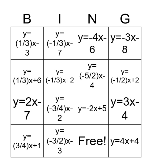 Slope Intercept Bingo Card