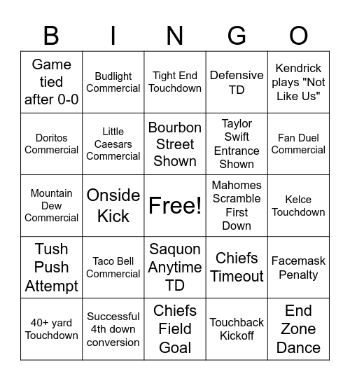 Superb Owl Bingo Card