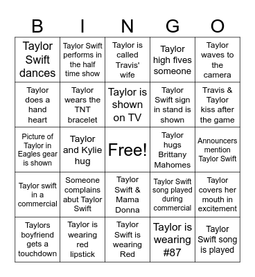 Taylor Swift 2025 Superbowl Bingo Card
