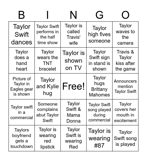 Taylor Swift 2025 Superbowl Bingo Card