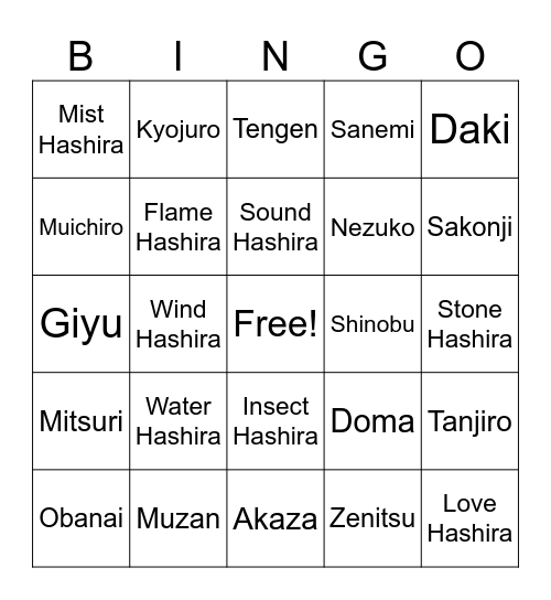 Demonslayer Bingo Card