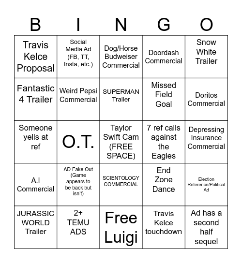 Super Bowl LIX Bingo Card