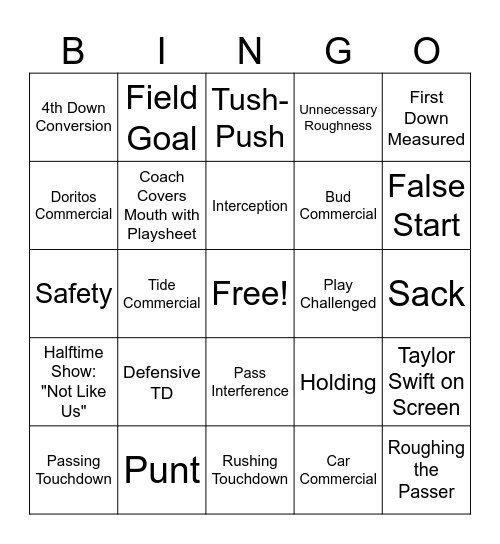 Superbowl Bingo Card
