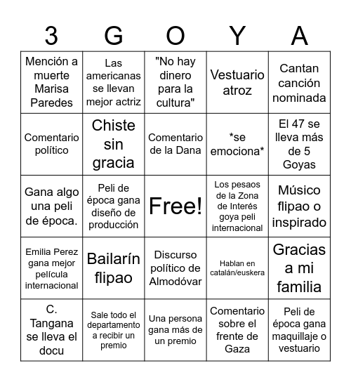 3º Los Goya Games Bingo Card