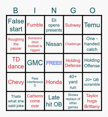Super Bowl Bingo Card
