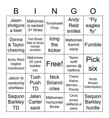 Super Bowl Bingo Card