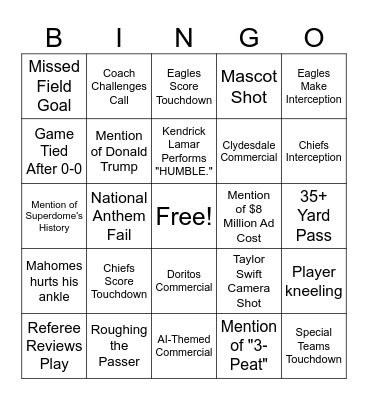 SuperBowl Bingo Card