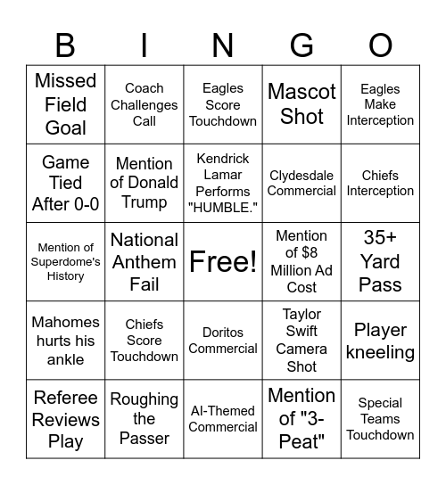 SuperBowl Bingo Card