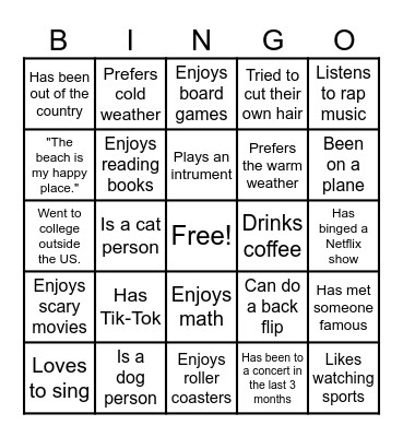 Get to Know Me! Bingo Card
