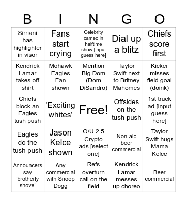 Super Bowl LIX Bingo Card