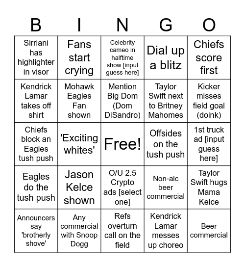 Super Bowl LIX Bingo Card