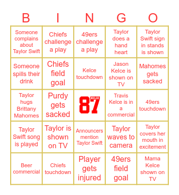 SWIFTIE Super Bowl Bingo Card