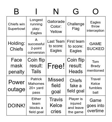 EAGLES VS CHIEFS Bingo Card