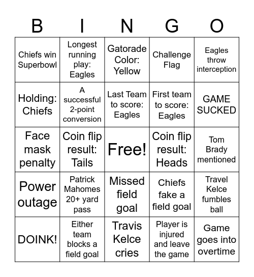 EAGLES VS CHIEFS Bingo Card