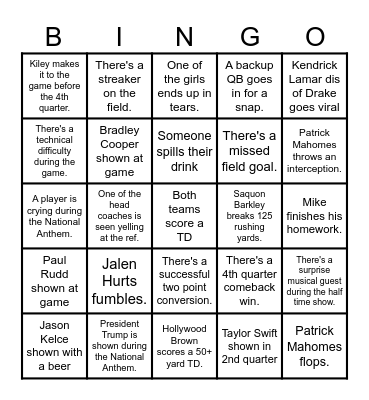 Super Bowl Bingo Card