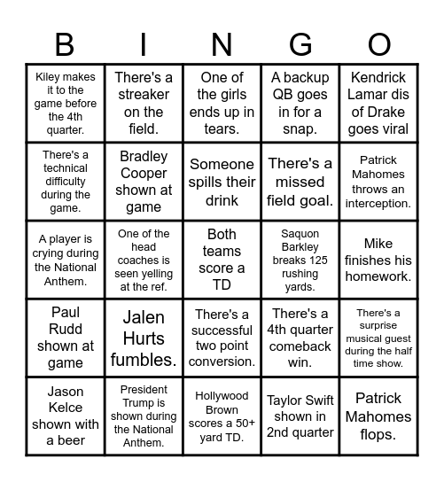 Super Bowl Bingo Card
