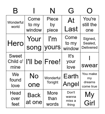 Love Song Bingo Card