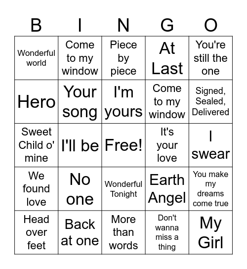 Love Song Bingo Card