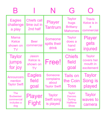 Taylor Swift Super Bowl Bingo Card