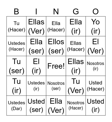 Irregular verbs of Ser, Ir, Hacer, Dar, Ver Bingo Card