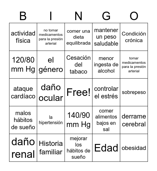 Bingo sobre Presión Arterial Bingo Card