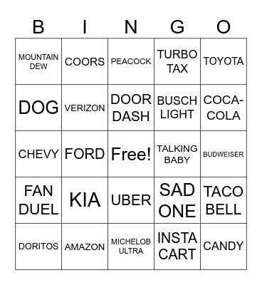 Commercials Bingo Card