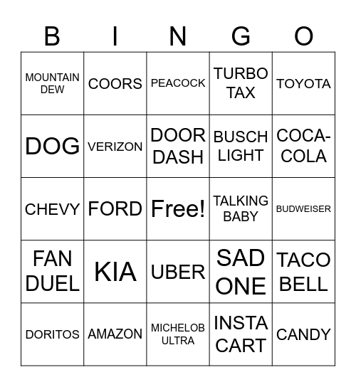 Commercials Bingo Card
