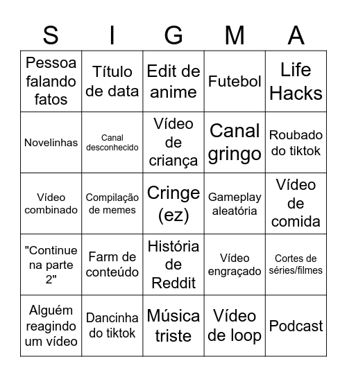 Yt Shorts Bingo Card