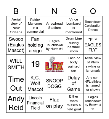 Super Bowl LIX Bingo Card