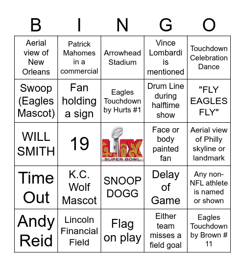 Super Bowl LIX Bingo Card