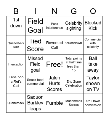 Super Bowl Bingo Card