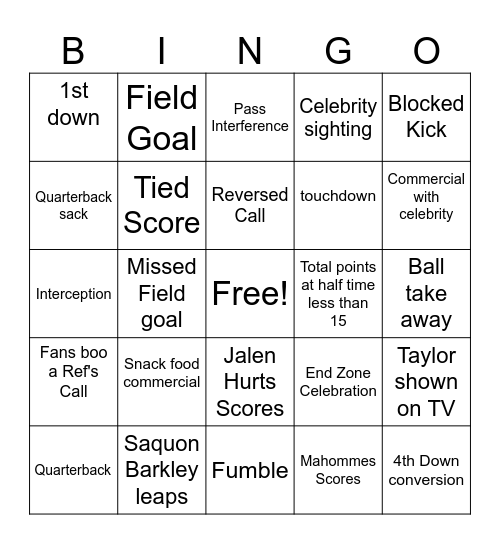 Super Bowl Bingo Card