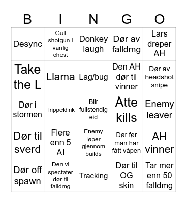 Fortnite Bingo Card