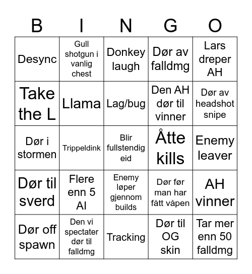 Fortnite Bingo Card