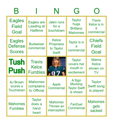 Taylor Swift Superbowl Bingo Card