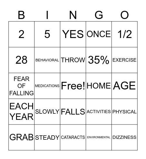 FALL PREVENTION Bingo Card