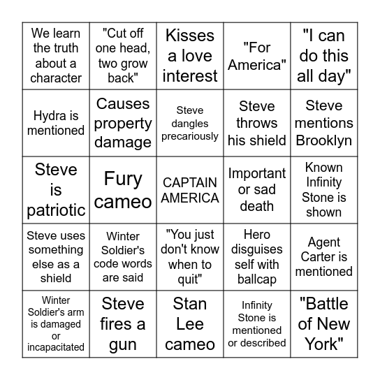 CAP AMERICA: WINTER SOLDIER Bingo Card