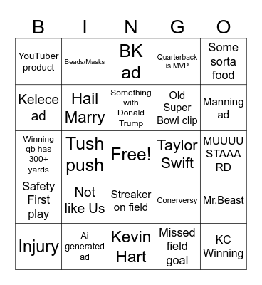 Super Bowl Bingo Card