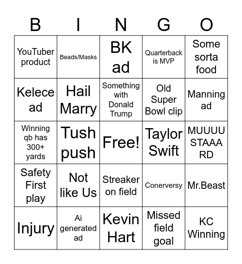 Super Bowl Bingo Card