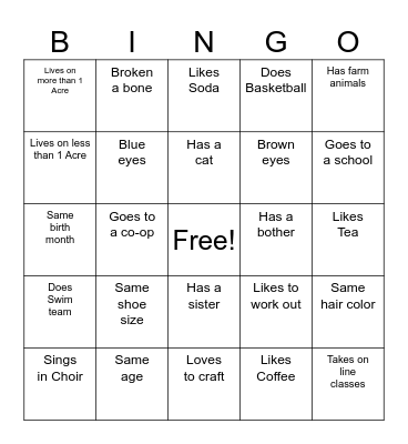 Get to know you Bingo Card