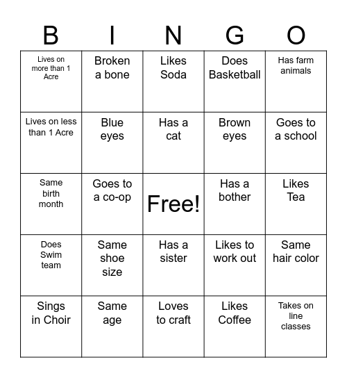 Get to know you Bingo Card