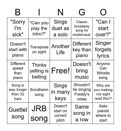 Audition bingo Card