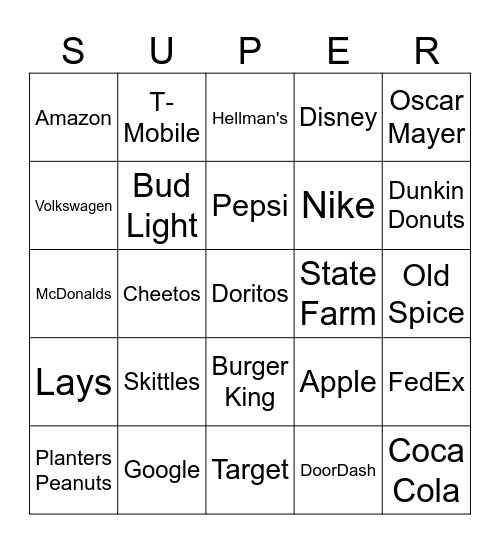 Superbowl commercial bingo! Bingo Card