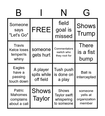 Things to Happen During Super Bowl Bingo Card