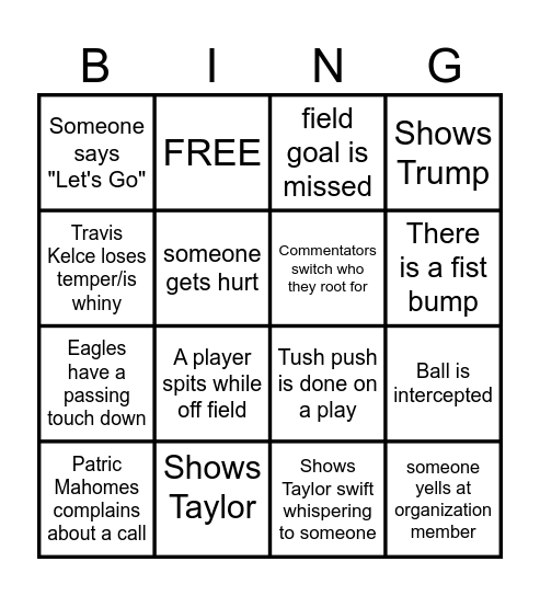 Things to Happen During Super Bowl Bingo Card