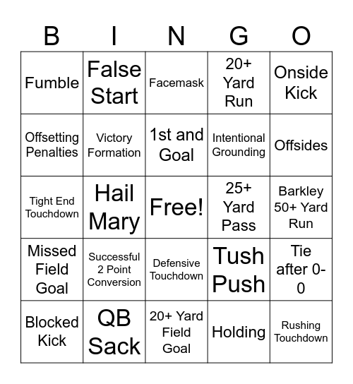 Super Bowl Bingo Card