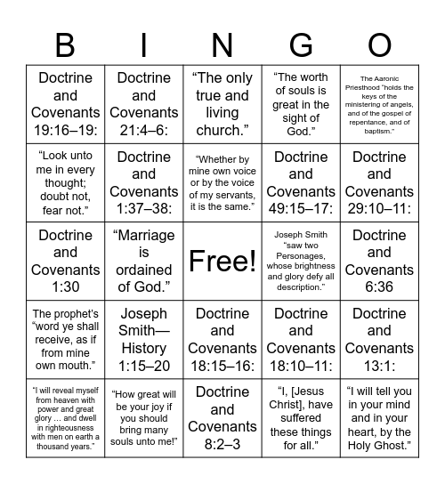 Doctrine and Covenants Bingo Card